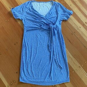 Seraphine Short Sleeve Wrap Front Blue Polka Dot Stretch Knit Maternity Dress 12